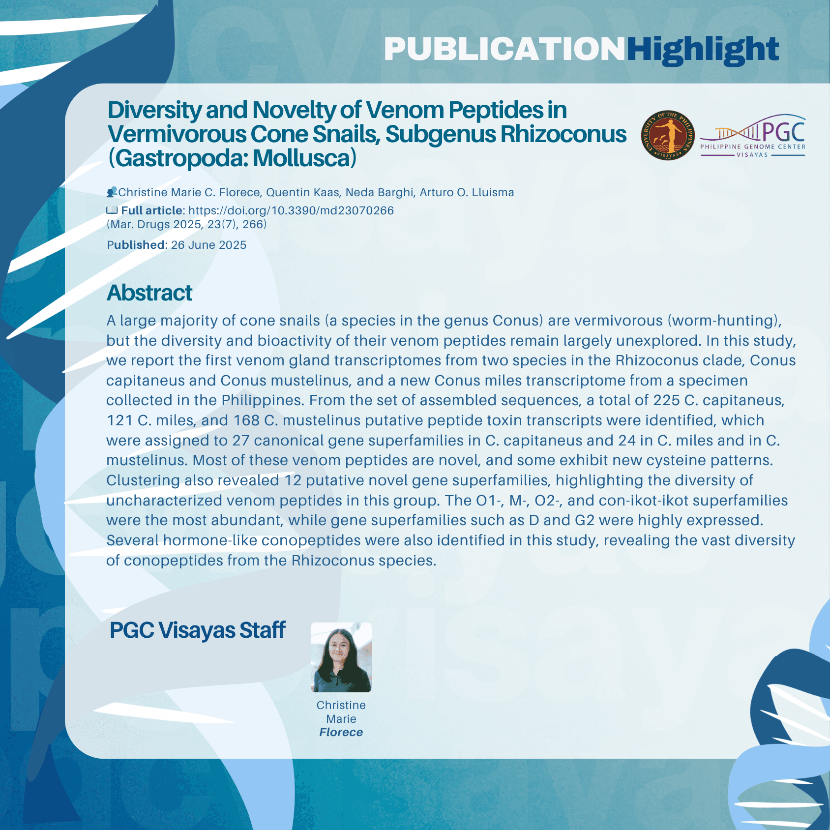 Publication highlight – Diversity and Novelty of Venom Peptides in Vermivorous Cone Snails